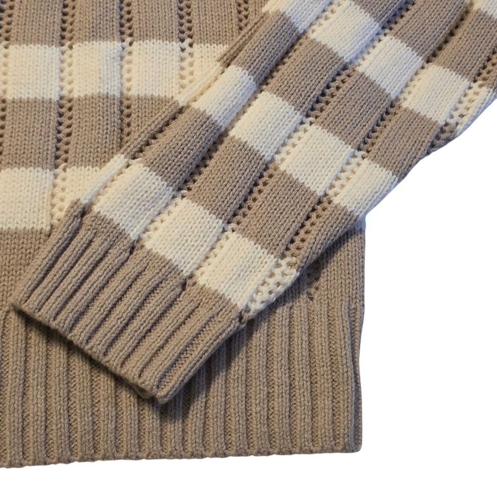 A New Day Quarter Zip Sweater Women Medium Tan Cream Excellent Striped Pointelle - Picture 7 of 10